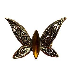 Vintage Filigree Butterfly Brooch Pin with Amber Stone Antique Brass Tone Jewelr